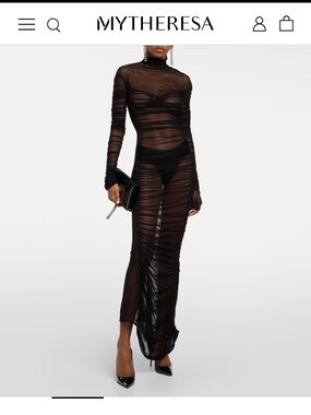 Mugler Black Sheer Ruched Long-Sleeve Maxi Dress